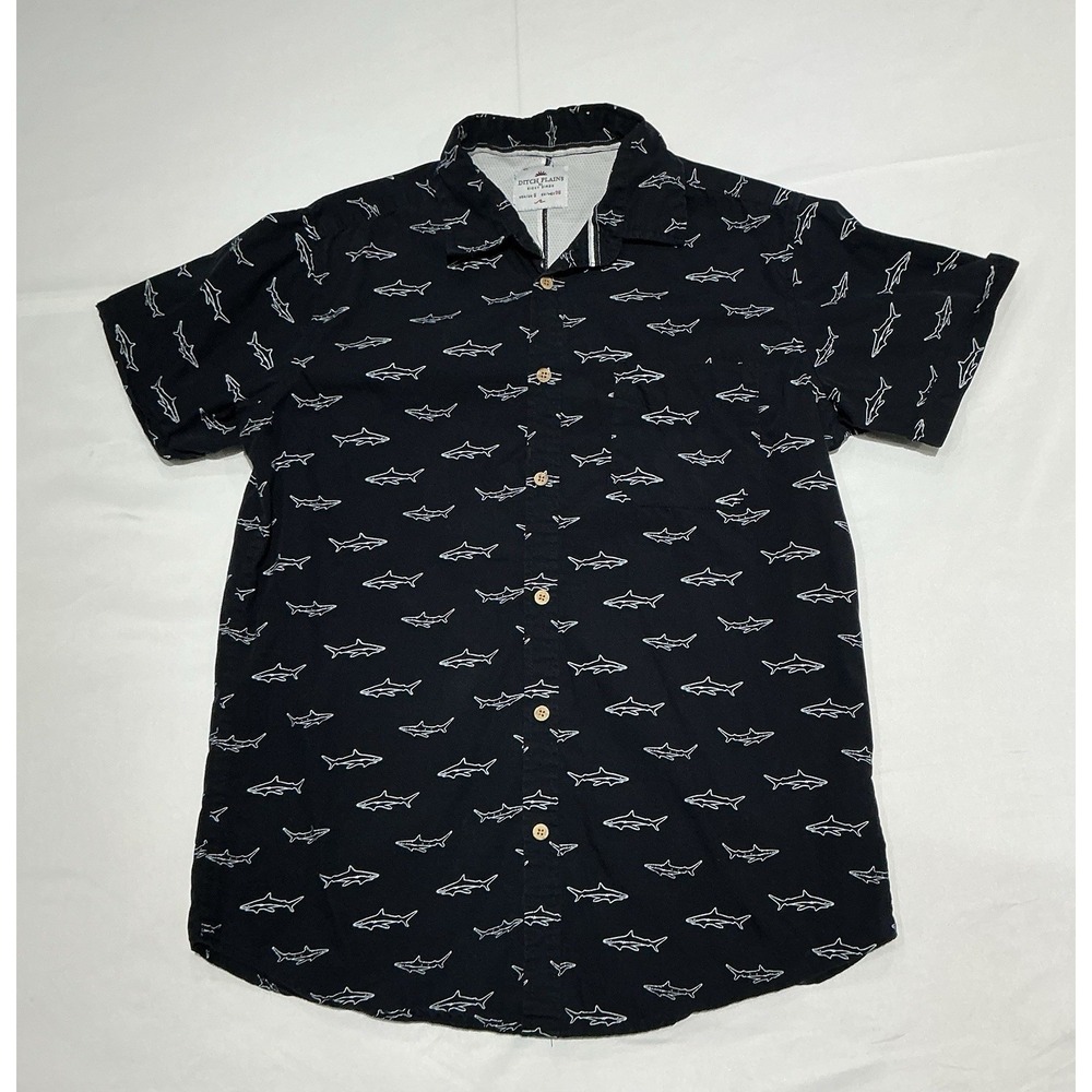 Ditch Plains Shirt Mens Small Black Shark All Over Vacation Summer Beach